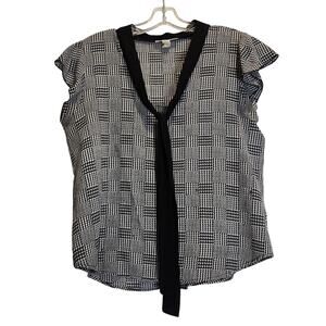 Miley + Molly Houndstooth Plaid Blouse Bow Tie Neck Academia Black White Large